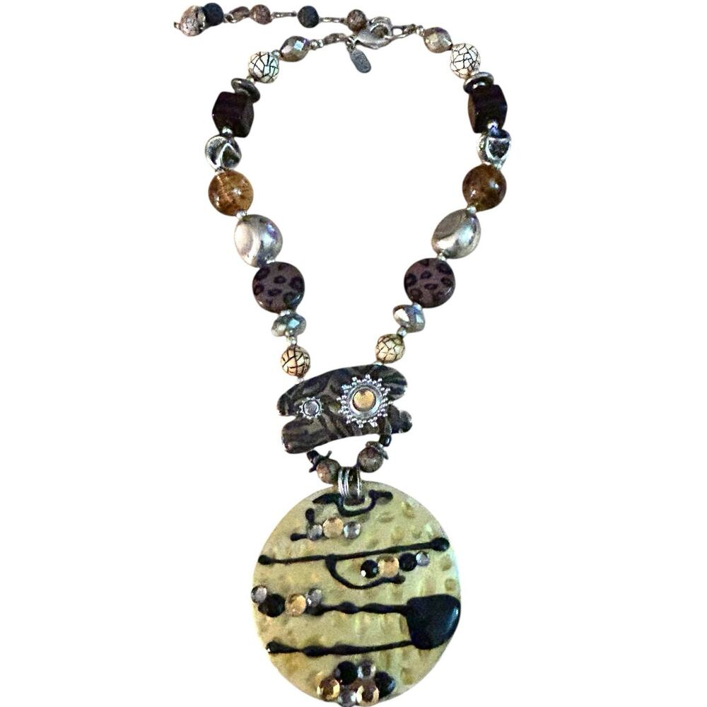 Vintage Treska Artisan Statement Mixed Media Beads Pendant Necklace